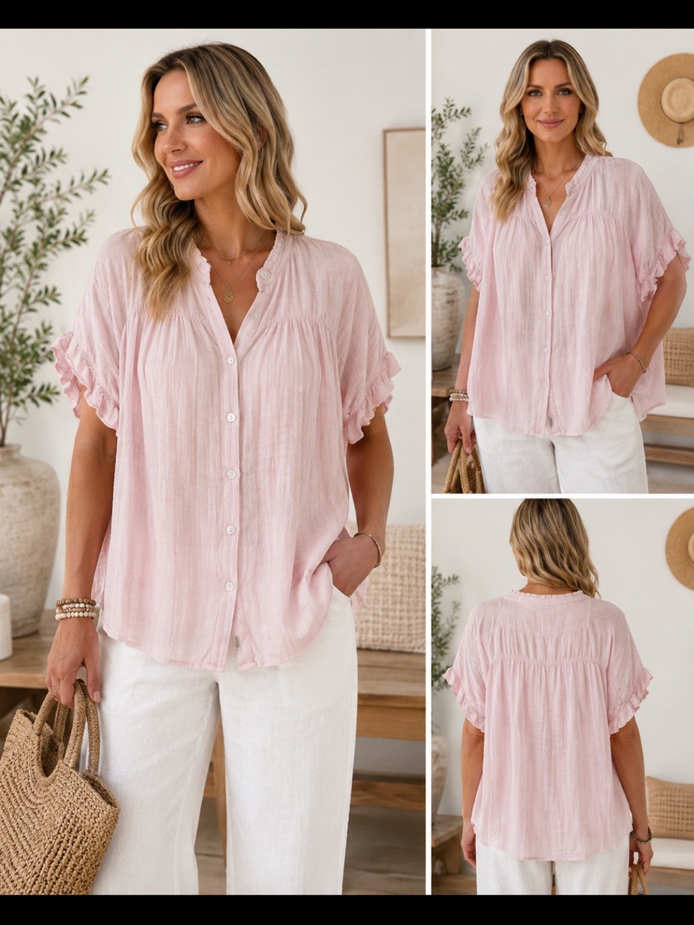 Mascomoda Women XXL Blush Ruffle 
Blouse Button Front Boho Romantic Flowy Top